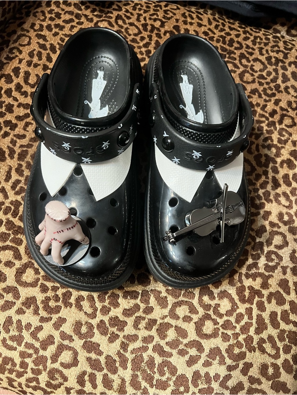 CROCS Black and White Charm Mules with Novelty Jibbitz